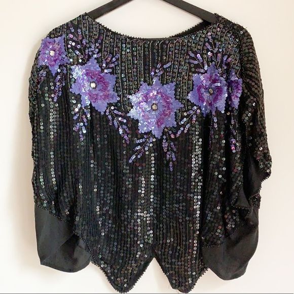 🌈 3/$20 Vintage 1980s bat wing sleeve floral sequin statement top - Picture 2 of 10